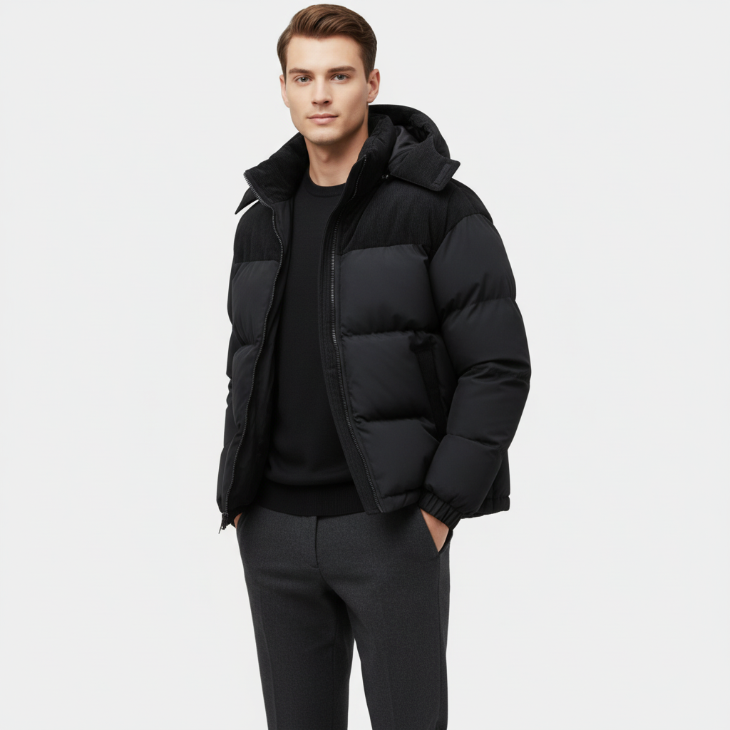 Men's Puffer Jacket with Corduroy Trim and Detachable Hood for Casual Wear and Outdoor Activities
