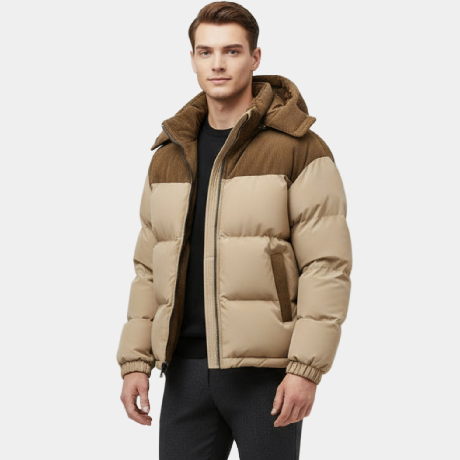 Men's Puffer Jacket with Corduroy Trim and Detachable Hood for Casual Wear and Outdoor Activities
