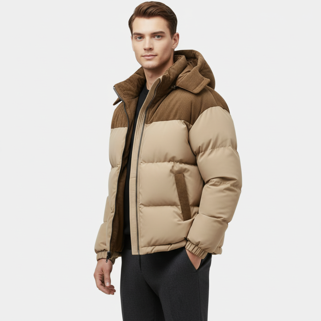 Men's Puffer Jacket with Corduroy Trim and Detachable Hood for Casual Wear and Outdoor Activities