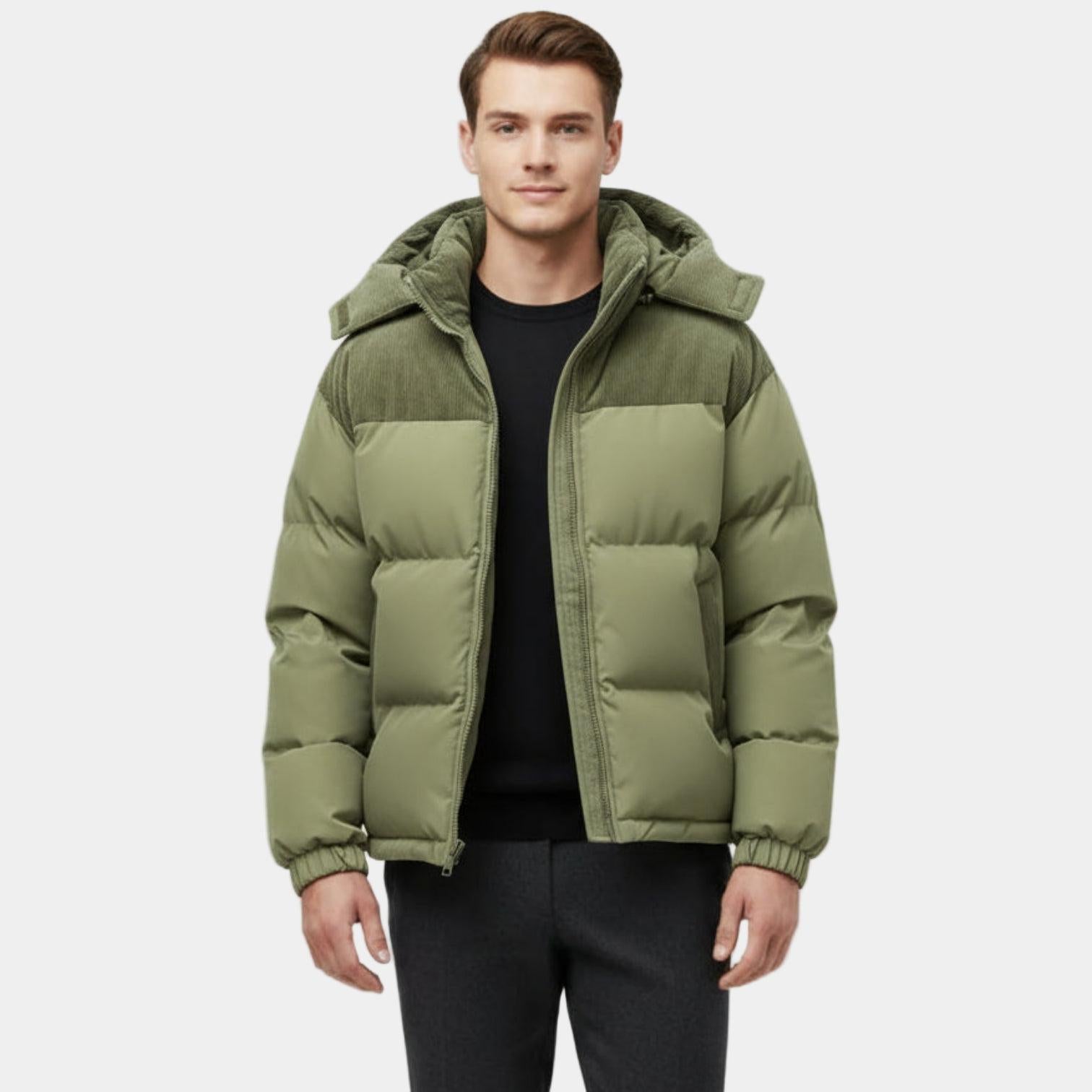 Men's Puffer Jacket with Corduroy Trim and Detachable Hood for Casual Wear and Outdoor Activities