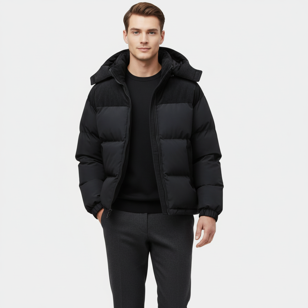 Men's Puffer Jacket with Corduroy Trim and Detachable Hood for Casual Wear and Outdoor Activities