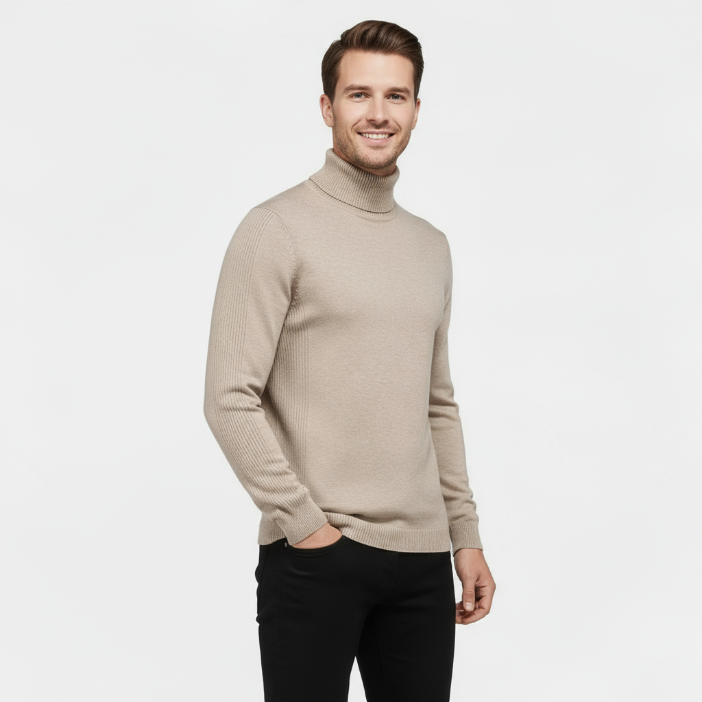 Men's Ribbed Cotton-Blend Turtleneck Sweater - Slim Fit Knit Jumper for Casual or Smart-Casual Wear