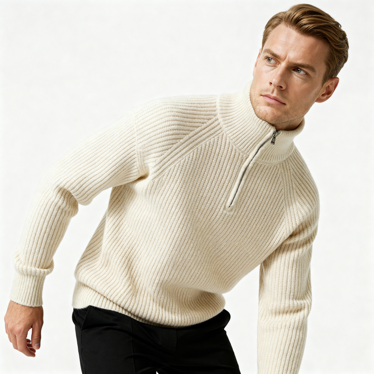 Men's Ribbed Half-Zip Mock Neck Sweater - Cozy Pullover for Casual Wear and Layering