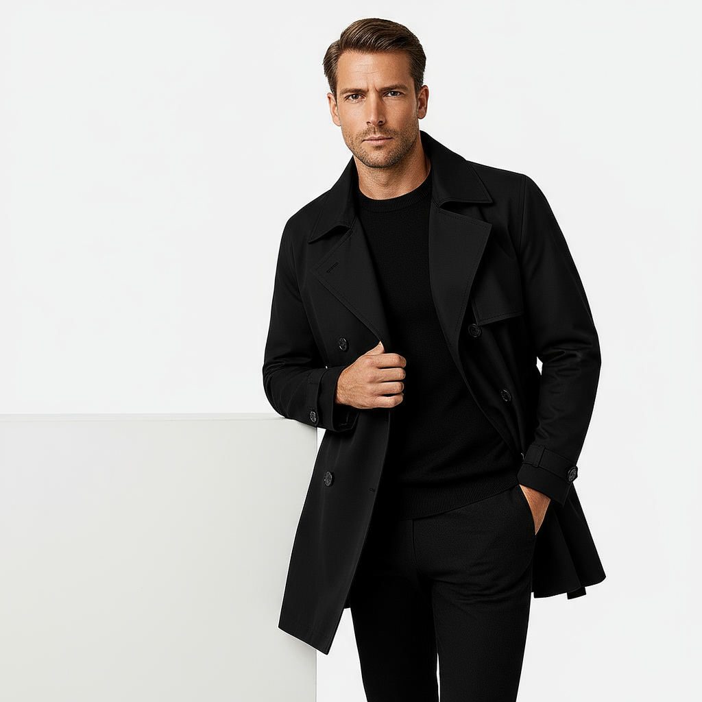 Men's Waterproof Trench Coat - Double-Front Design with Belt and Wide Lapels for Performance and Style