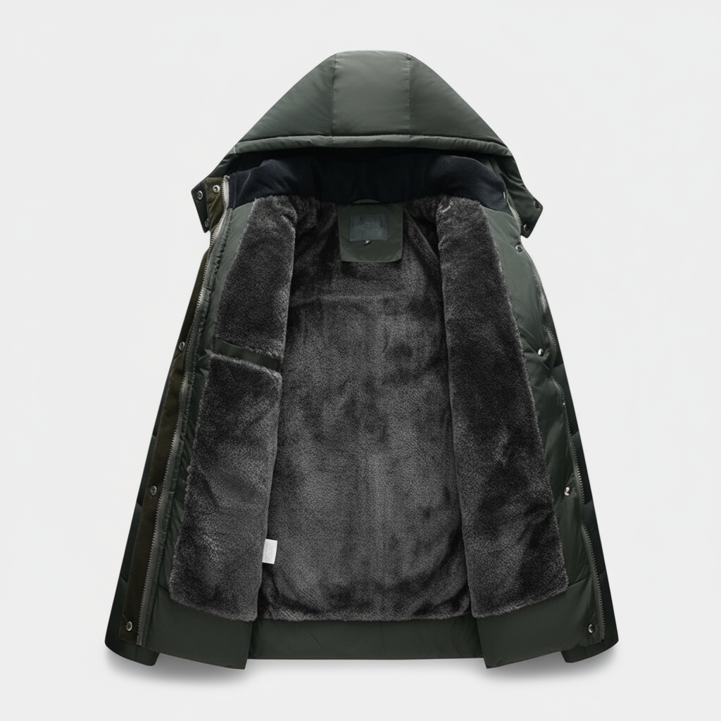 Men's Winter Puffer Coat with Fleece Lining - Longline Design for Cold Weather Outdoor Use