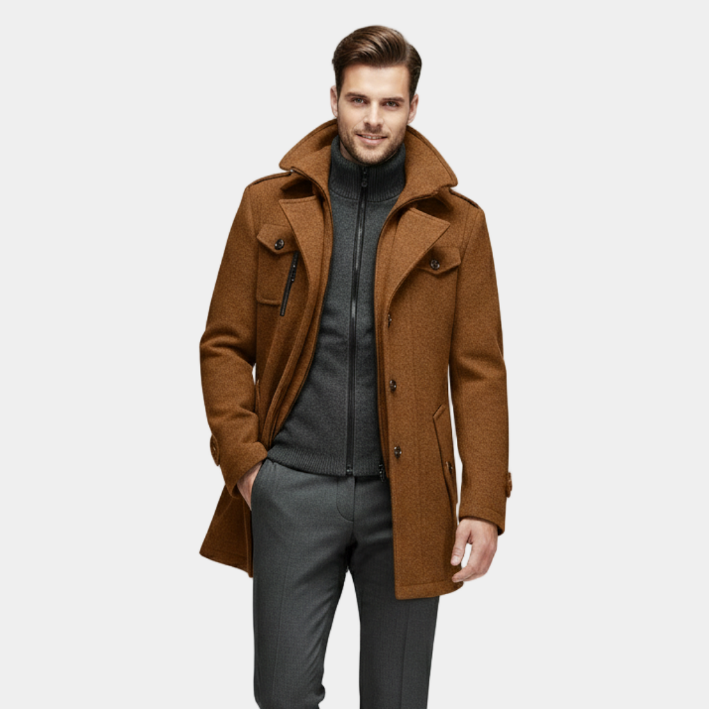 Men's Wool-Blend Overcoat - Tailored Button-Up Winter Coat for Cold Weather Wear