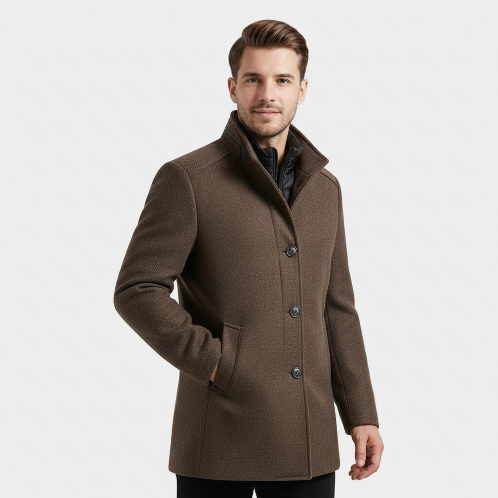 Men's Wool-Blend Stand-Collar Coat with Removable Padded Vest for Versatile Cold Weather Wear