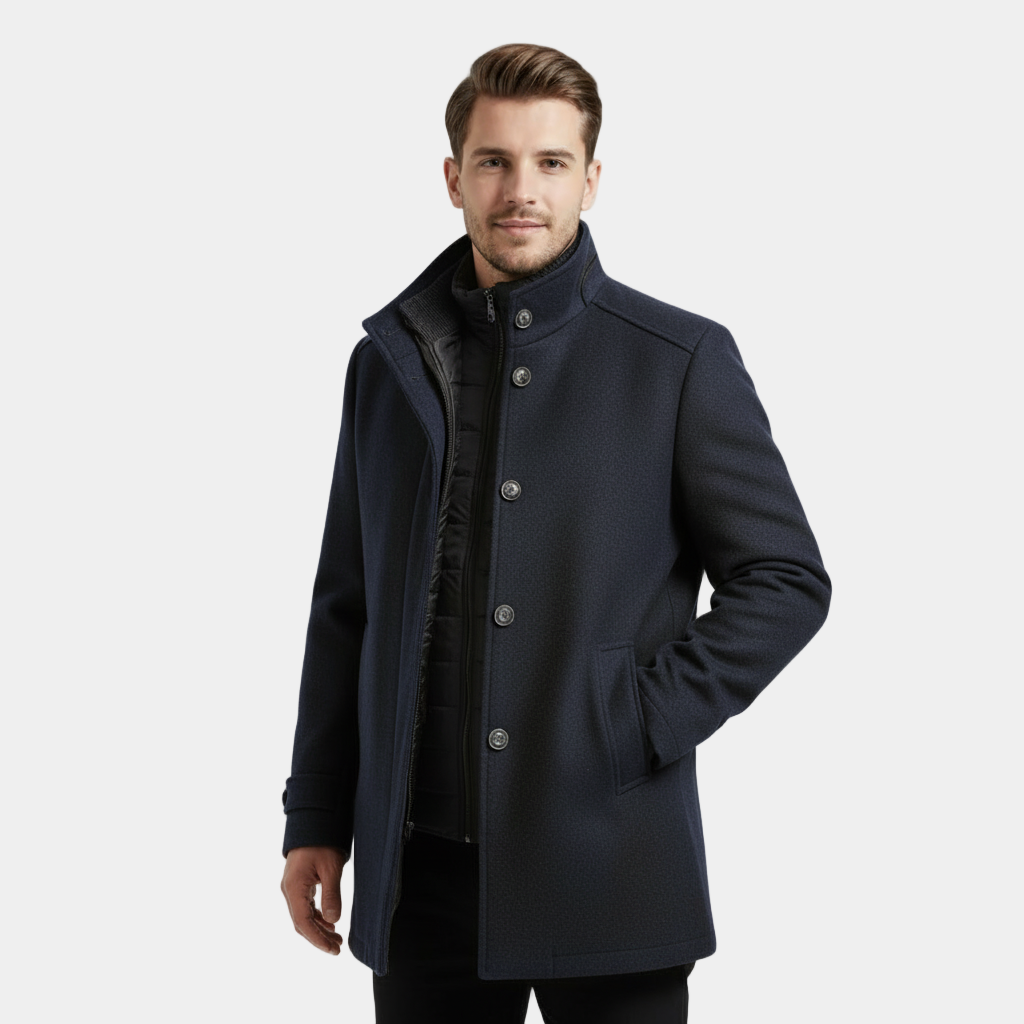 Men's Wool-Blend Stand-Collar Coat with Removable Padded Vest for Versatile Cold Weather Wear