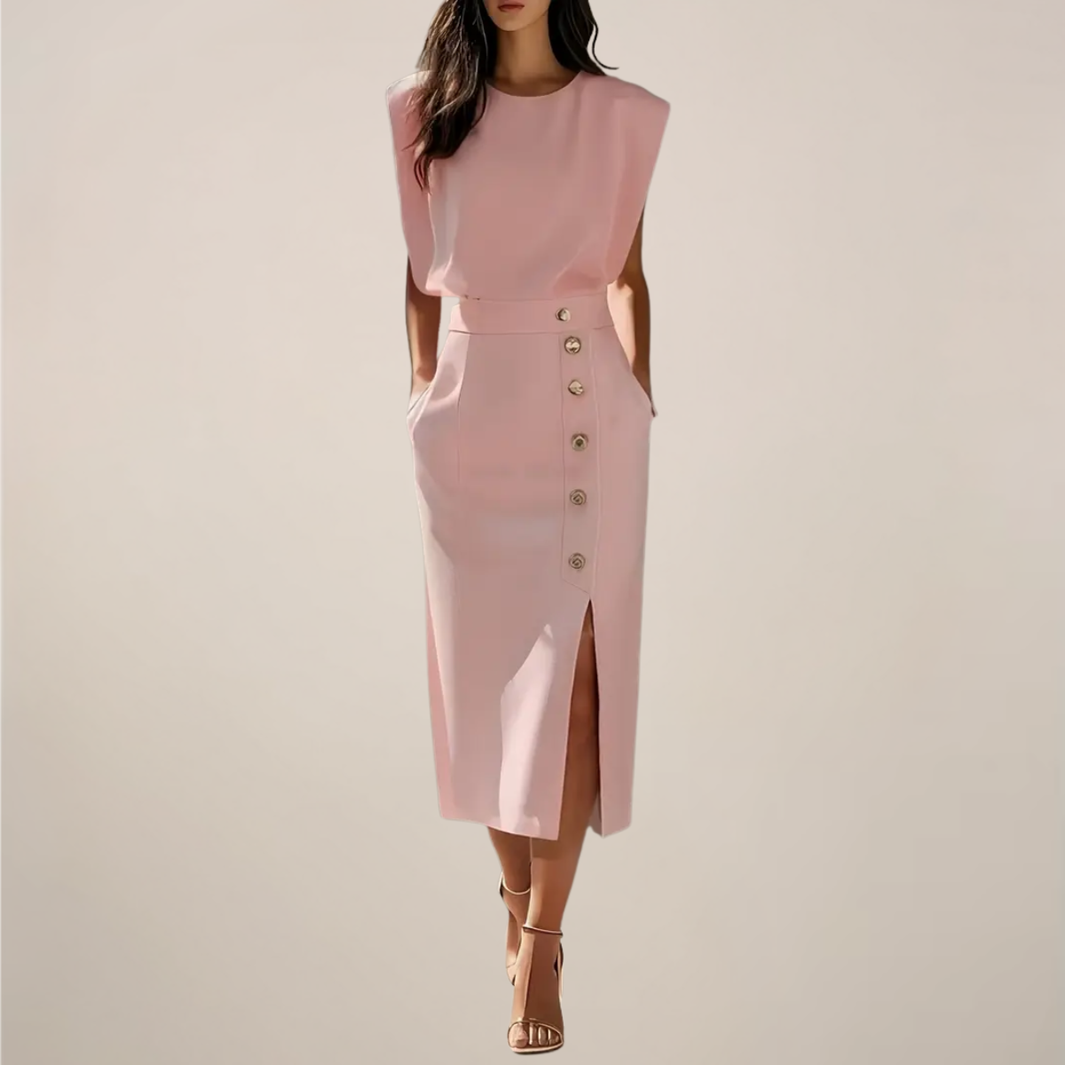 Midi Dress with Button Detail and Side Slit - Casual Elegant Dress for Parties