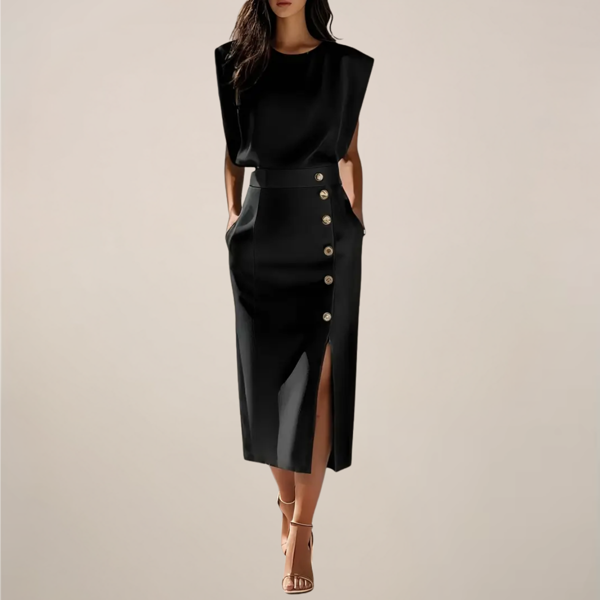 Midi Dress with Button Detail and Side Slit - Casual Elegant Dress for Parties