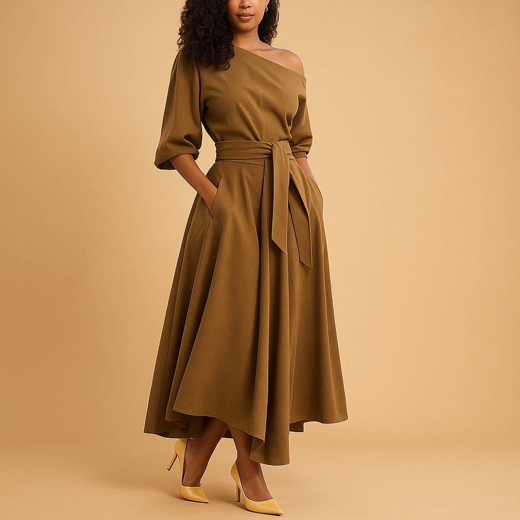 Midi Dress with Waistband - Comfortable Fabric for Everyday Wear - Women's Fashion