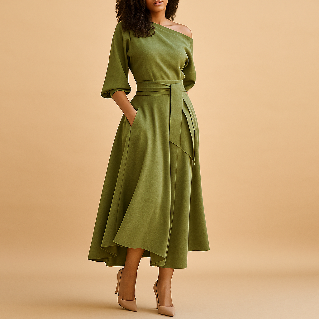 Midi Dress with Waistband - Comfortable Fabric for Everyday Wear - Women's Fashion