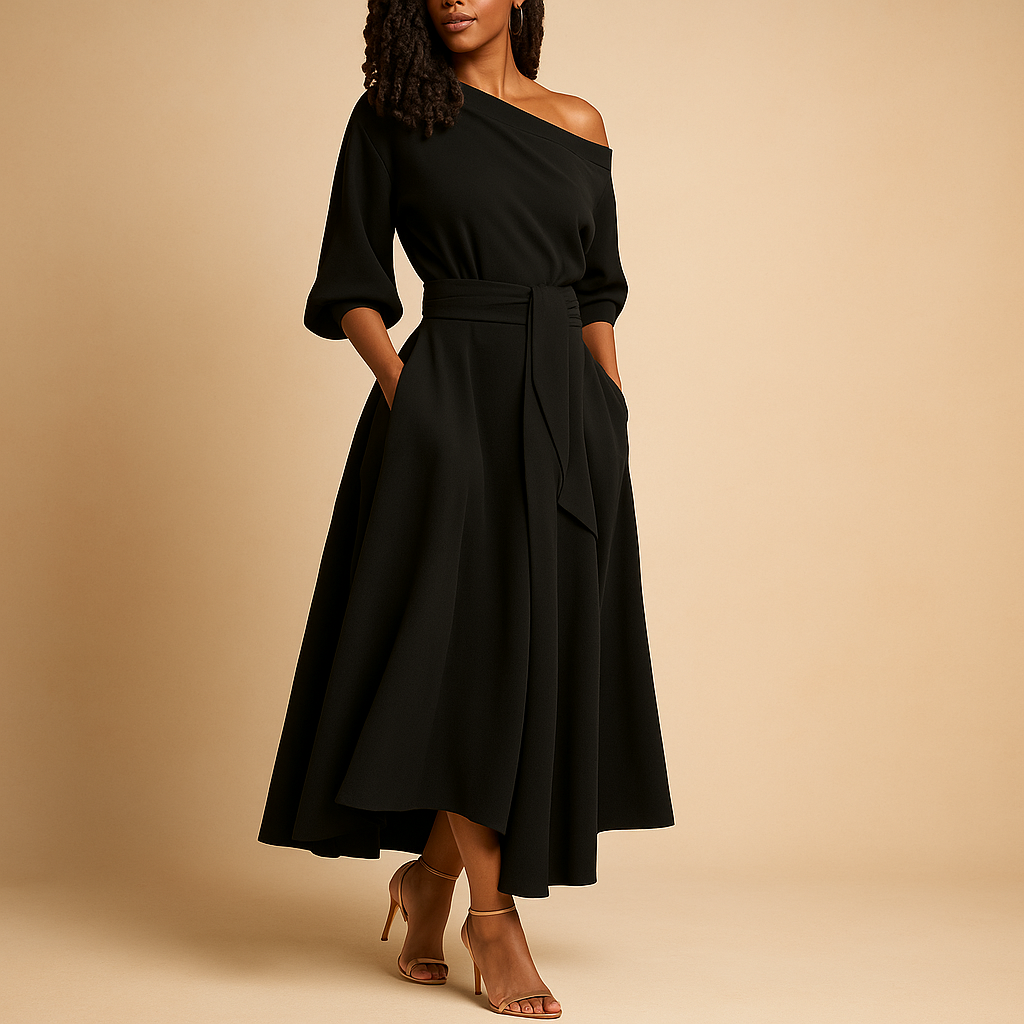Midi Dress with Waistband - Comfortable Fabric for Everyday Wear - Women's Fashion