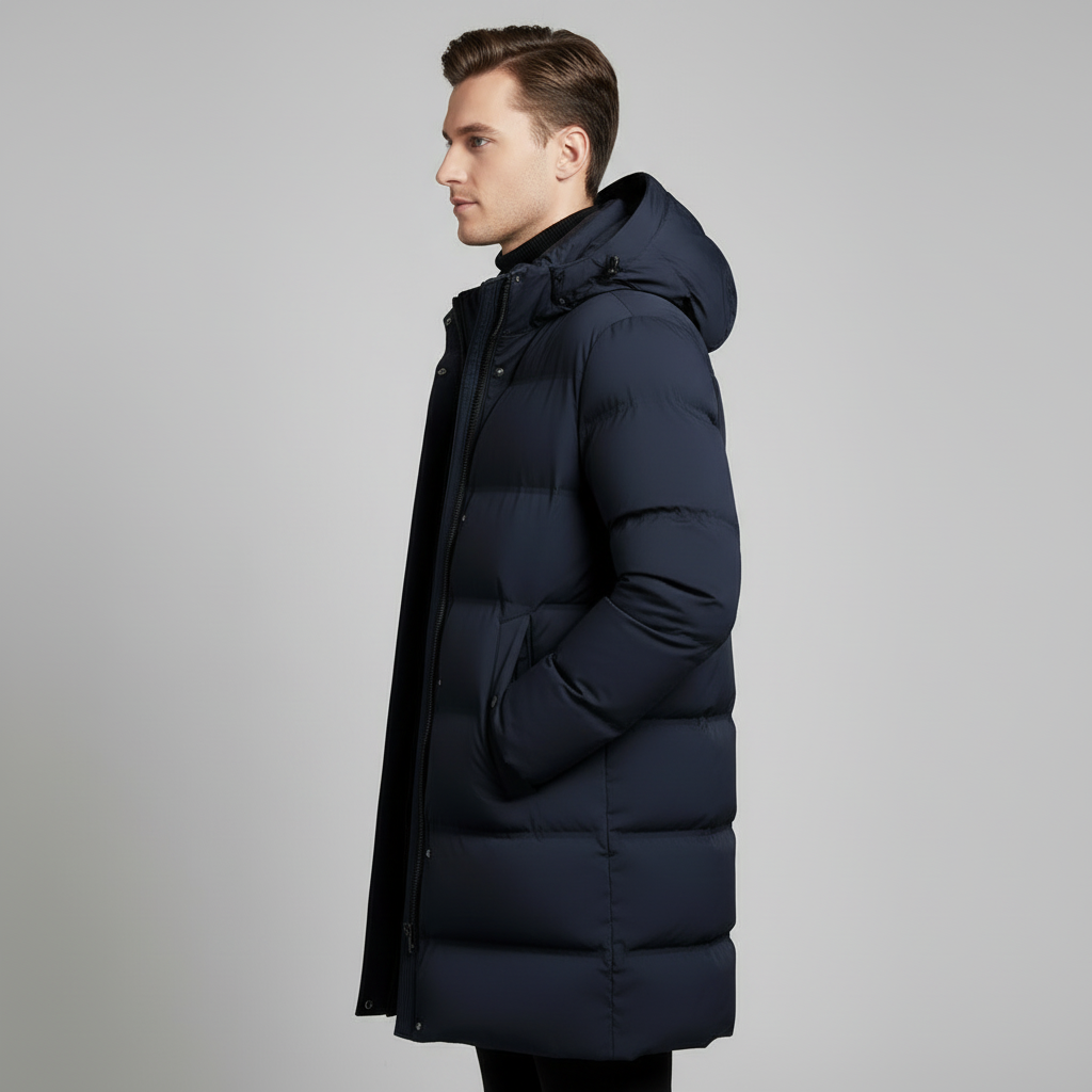 Navy Long Puffer Parka for Men | Insulated Winter Coat | Warm Outerwear for Cold Weather