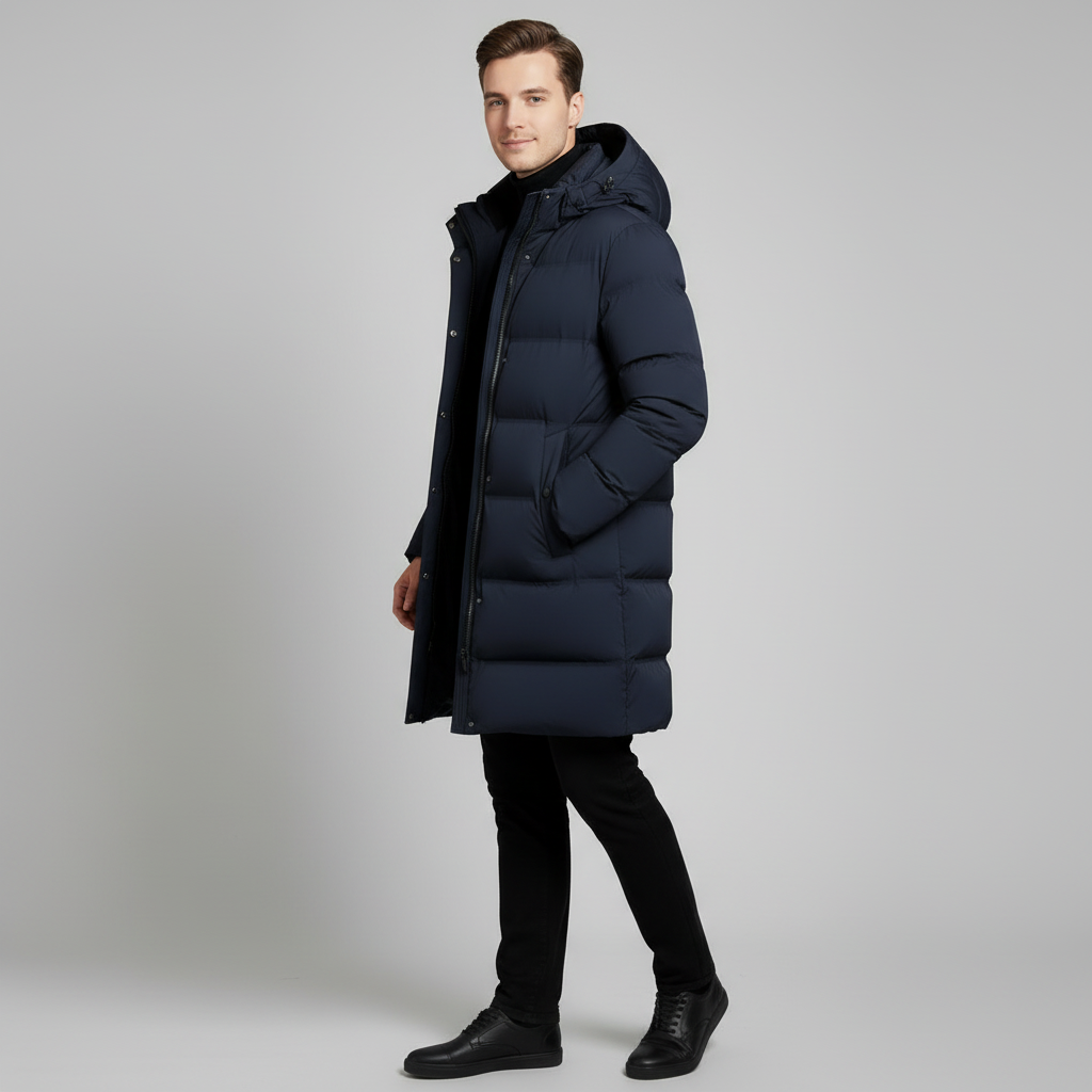 Navy Long Puffer Parka for Men | Insulated Winter Coat | Warm Outerwear for Cold Weather