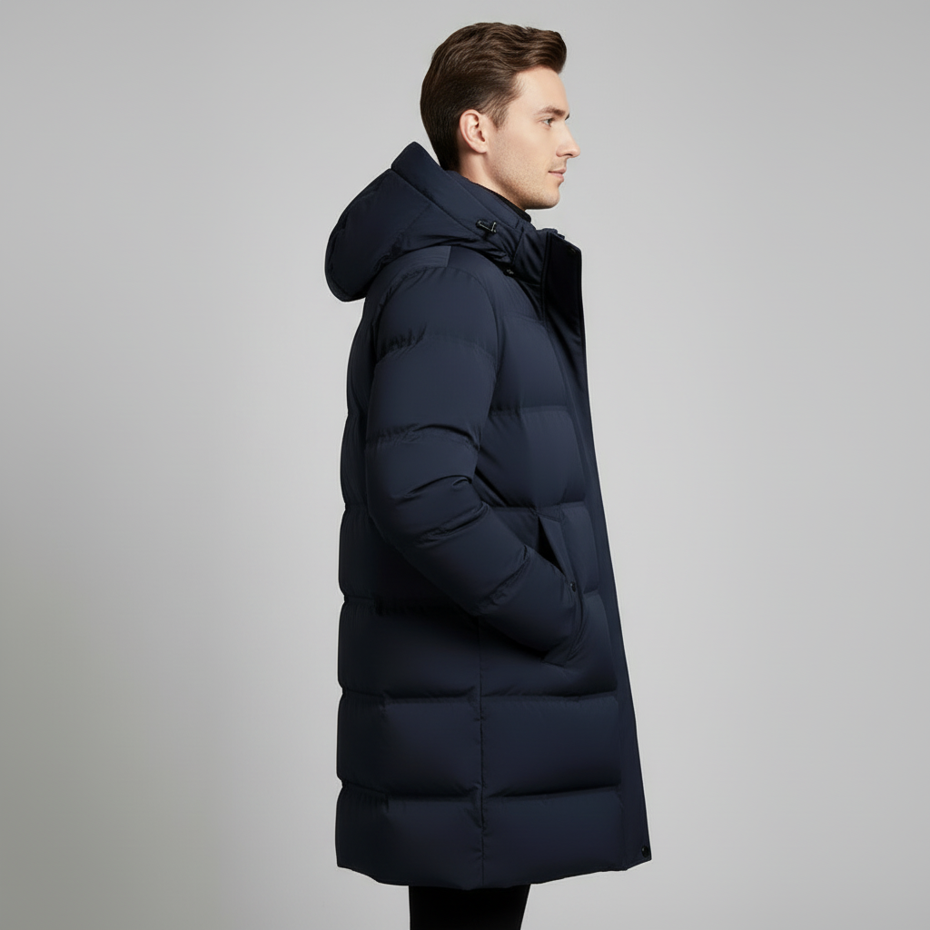 Navy Long Puffer Parka for Men | Insulated Winter Coat | Warm Outerwear for Cold Weather
