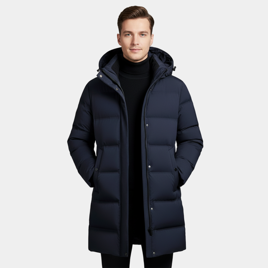 Navy Long Puffer Parka for Men | Insulated Winter Coat | Warm Outerwear for Cold Weather