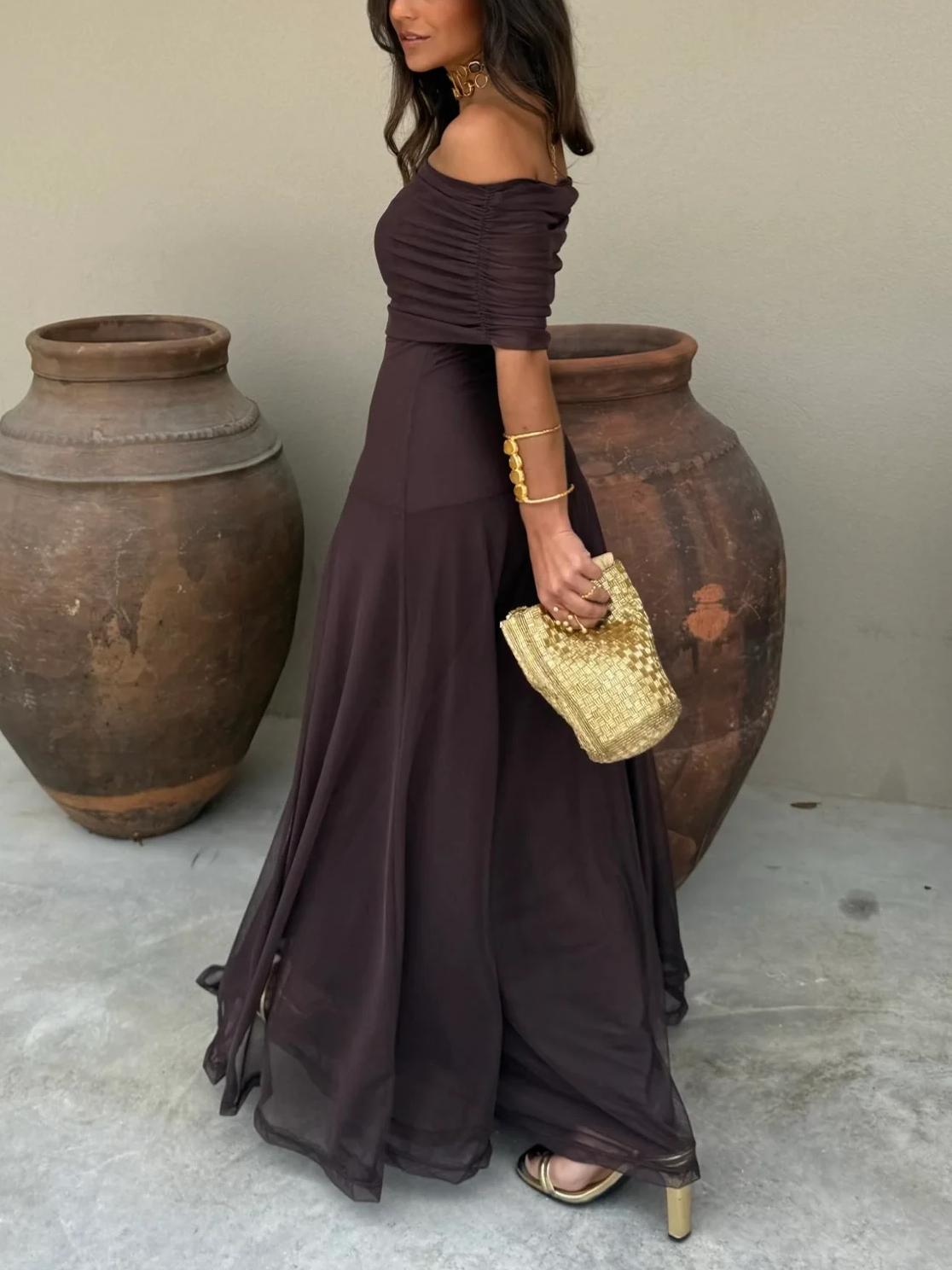 Off Shoulder Chiffon Maxi Dress - Elegant Evening Gown for Parties and Events