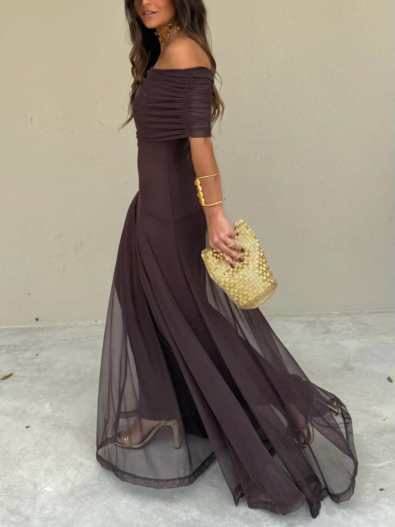 Off Shoulder Chiffon Maxi Dress - Elegant Evening Gown for Parties and Events