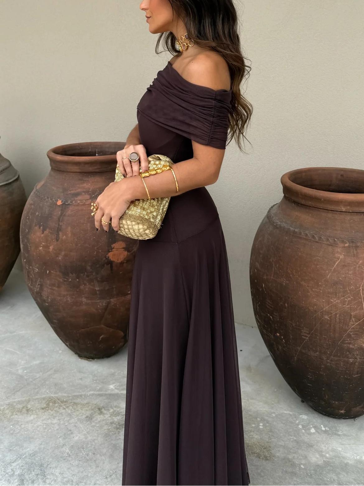 Off Shoulder Chiffon Maxi Dress - Elegant Evening Gown for Parties and Events