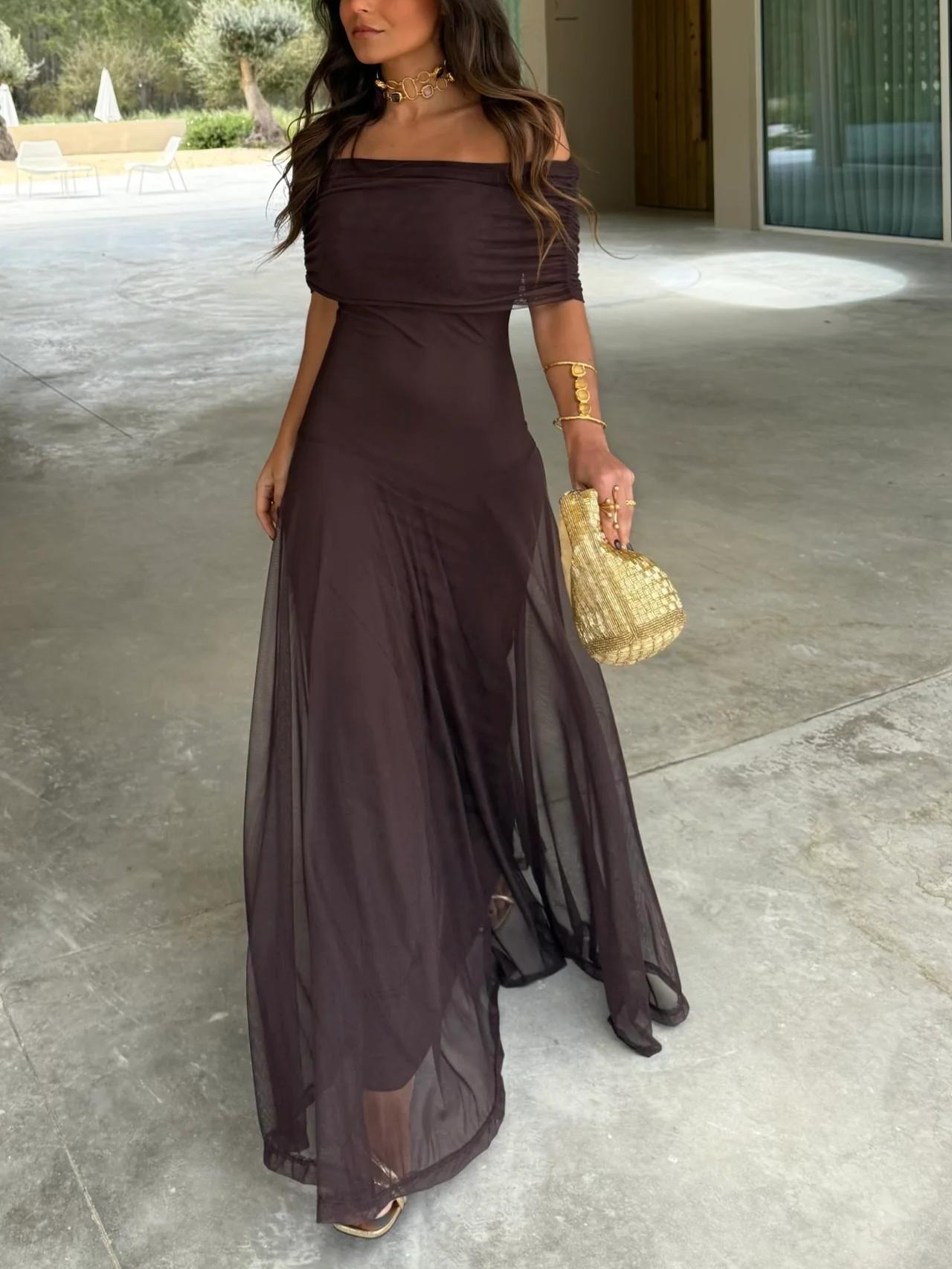 Off Shoulder Chiffon Maxi Dress - Elegant Evening Gown for Parties and Events