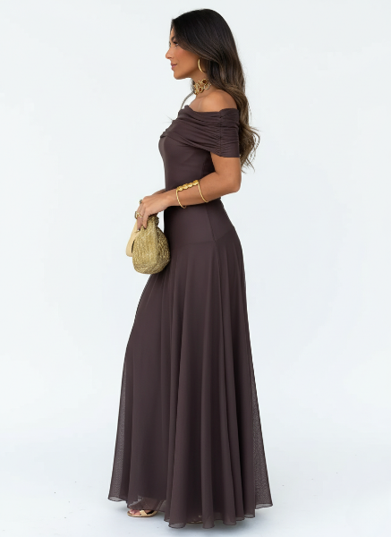 Off Shoulder Chiffon Maxi Dress - Elegant Lightweight Evening Wear for Women