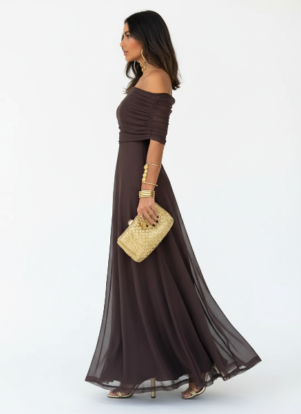 Off Shoulder Chiffon Maxi Dress - Elegant Lightweight Evening Wear for Women