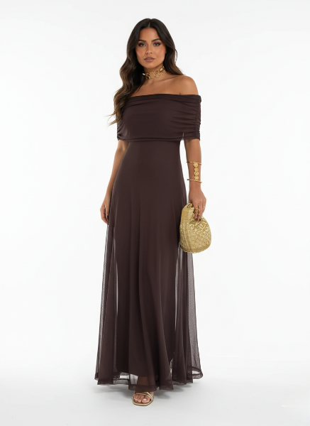Off Shoulder Chiffon Maxi Dress - Elegant Lightweight Evening Wear for Women