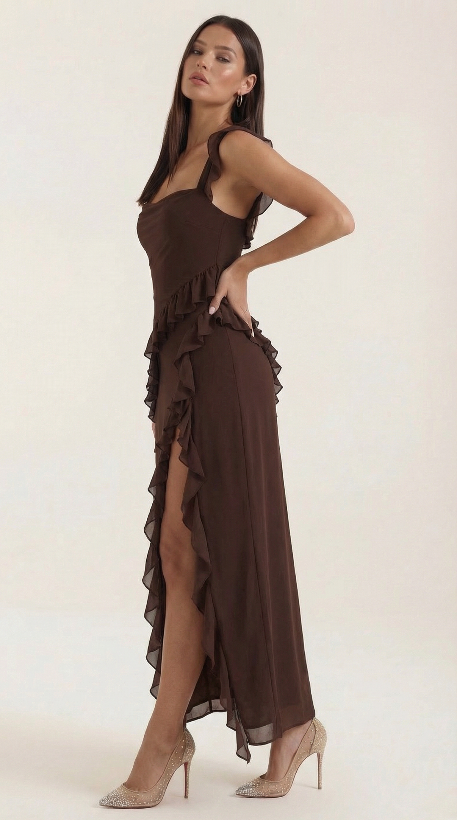 Ruffled Maxi Dress - Lightweight Fabric, Elegant Design for Casual or Formal Wear