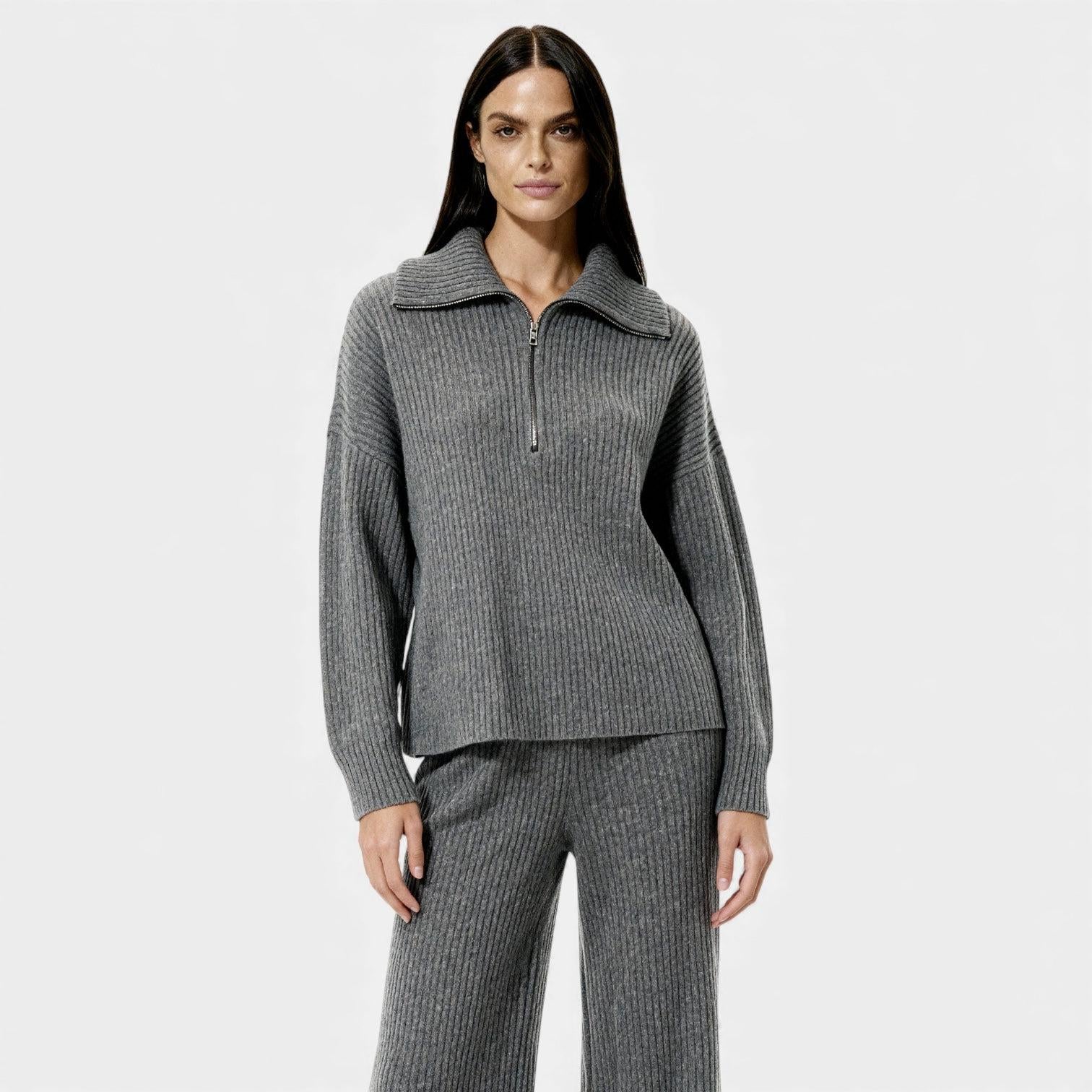 Women's Ribbed Knit Lounge Set - Half Zip Top & Wide Leg Pants for Comfortable Home Wear