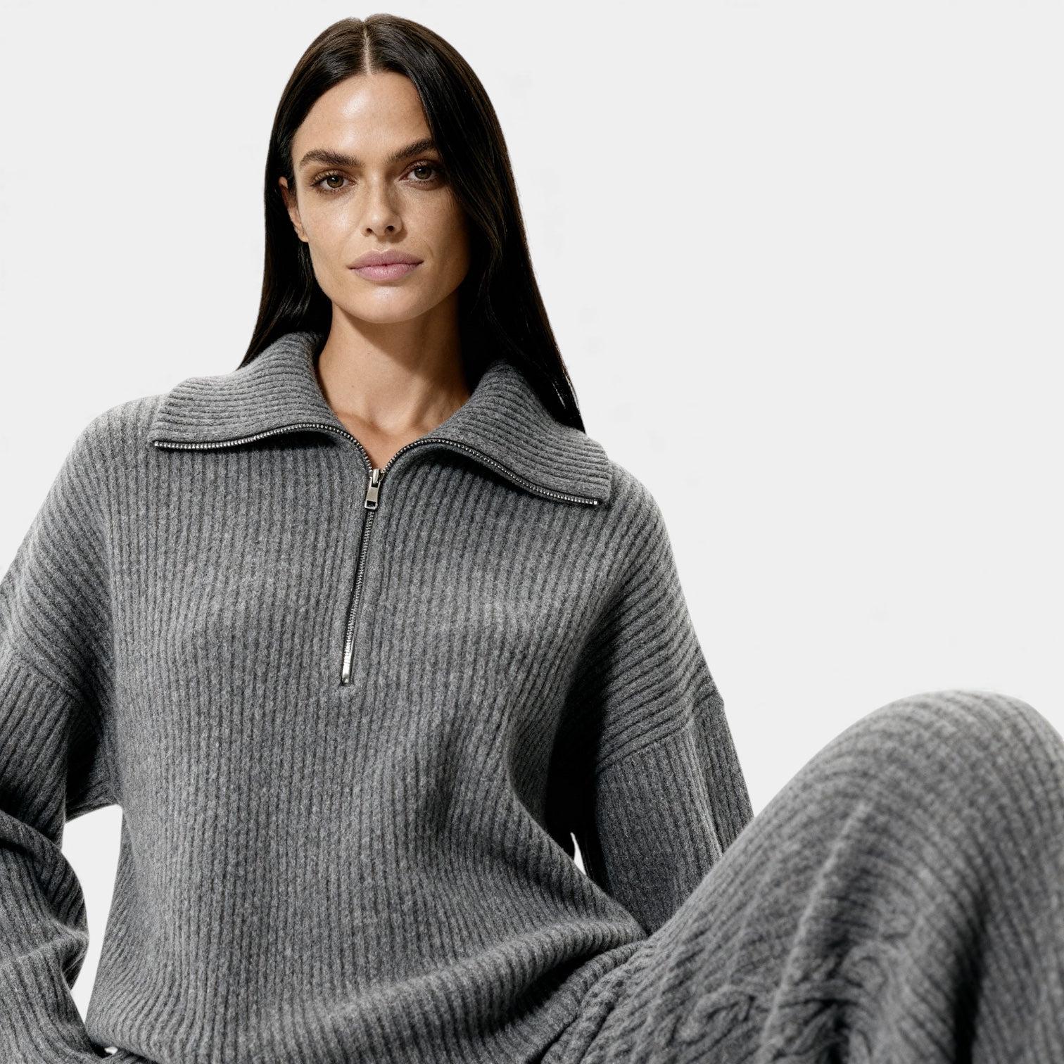 Women's Ribbed Knit Lounge Set - Half Zip Top & Wide Leg Pants for Comfortable Home Wear