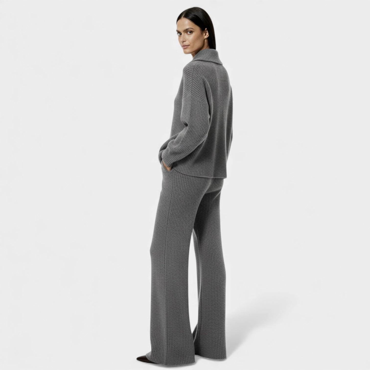 Women's Ribbed Knit Lounge Set - Half Zip Top & Wide Leg Pants for Comfortable Home Wear
