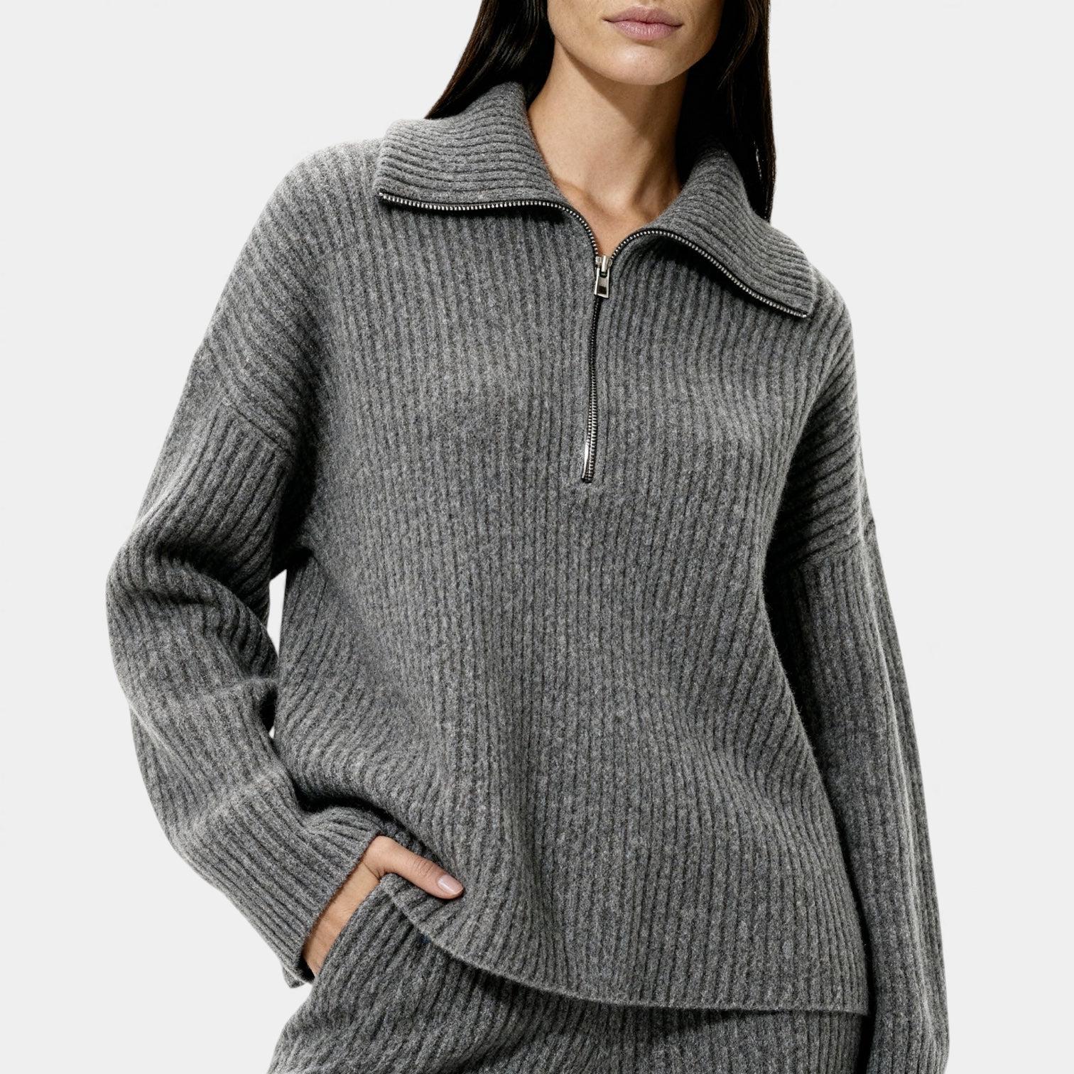 Women's Ribbed Knit Lounge Set - Half Zip Top & Wide Leg Pants for Comfortable Home Wear