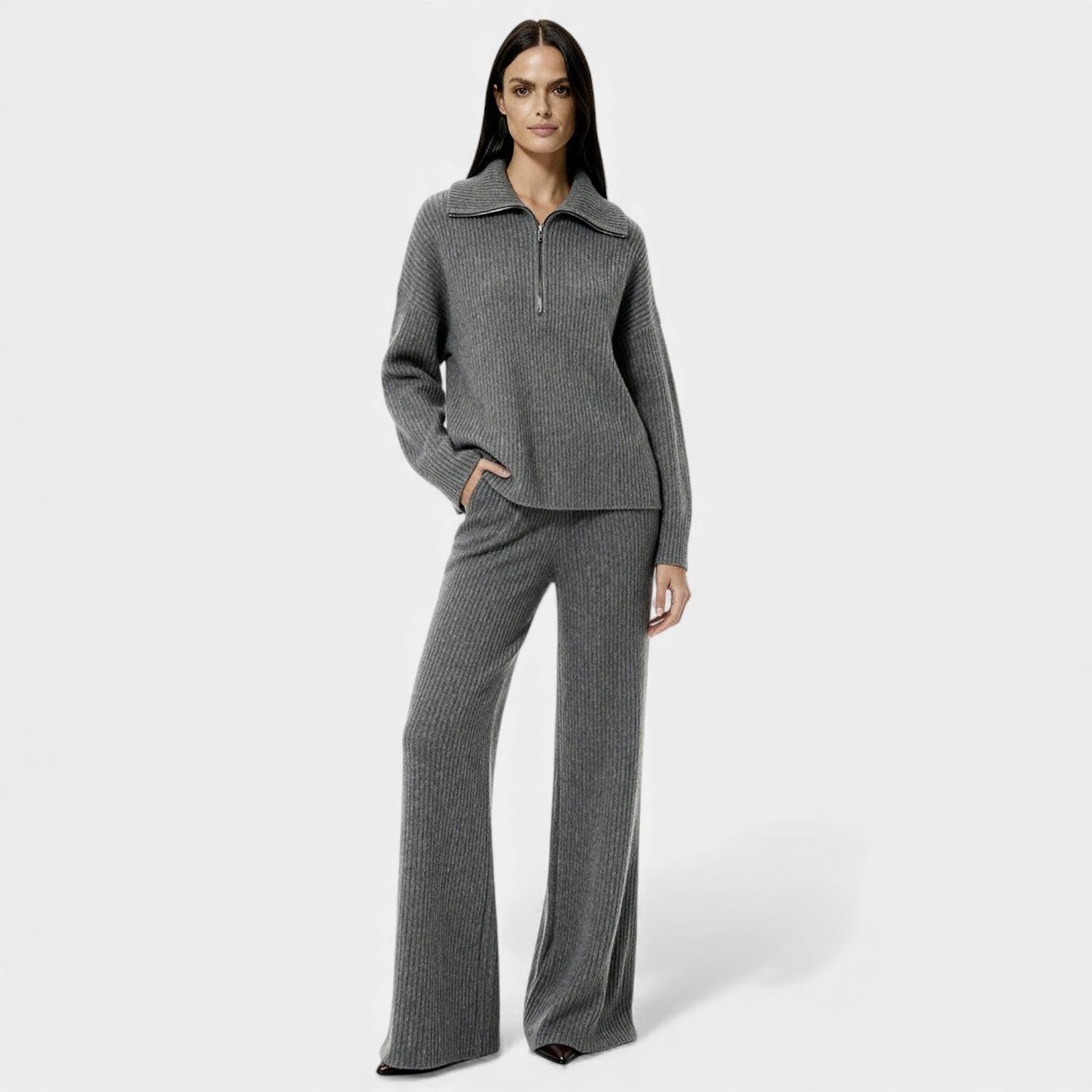 Women's Ribbed Knit Lounge Set - Half Zip Top & Wide Leg Pants for Comfortable Home Wear